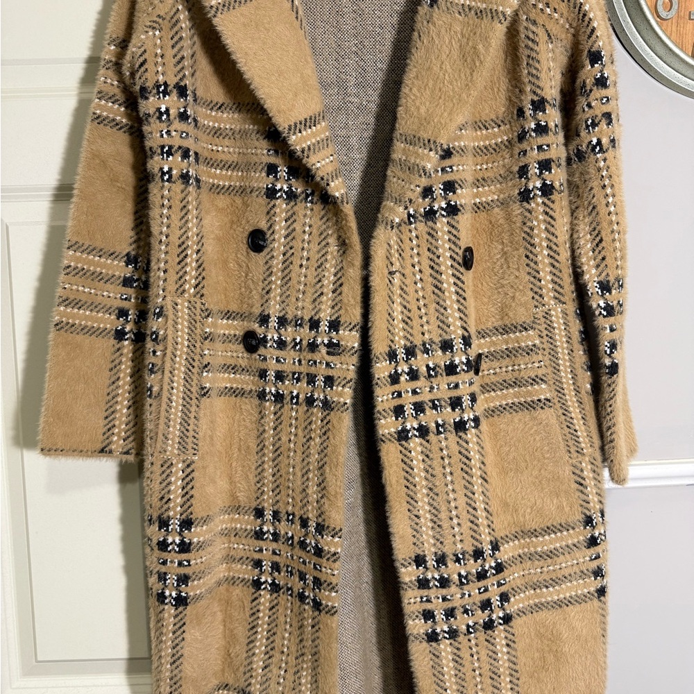 Tahari Tan and Black Plaid Trench Coat